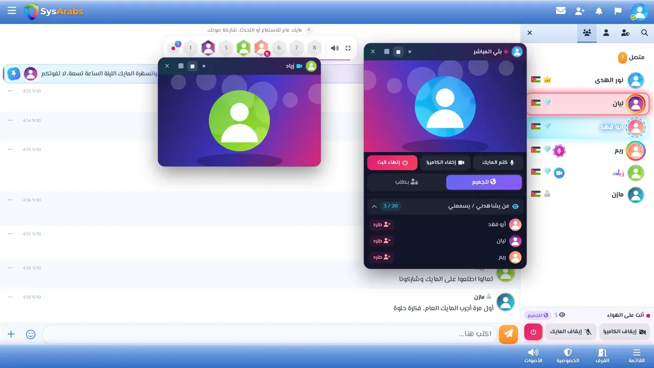 نافذة بثك ونافذة بث عضو آخر على الكمبيوتر، والصورة داخل البث توضيحية.